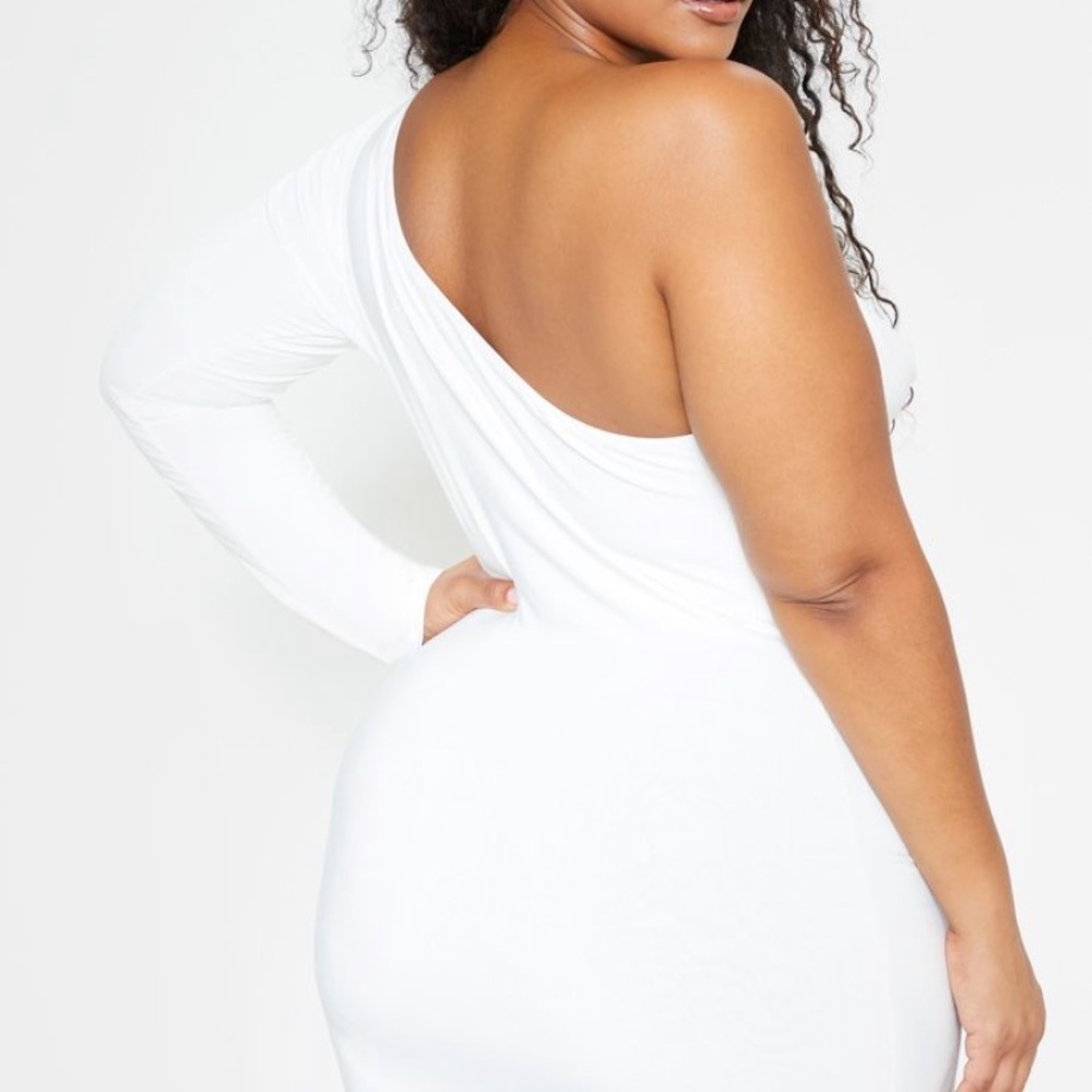 Plus White One Shoulder Cowl Neck Bodycon Dress - Picture 3 of 4
